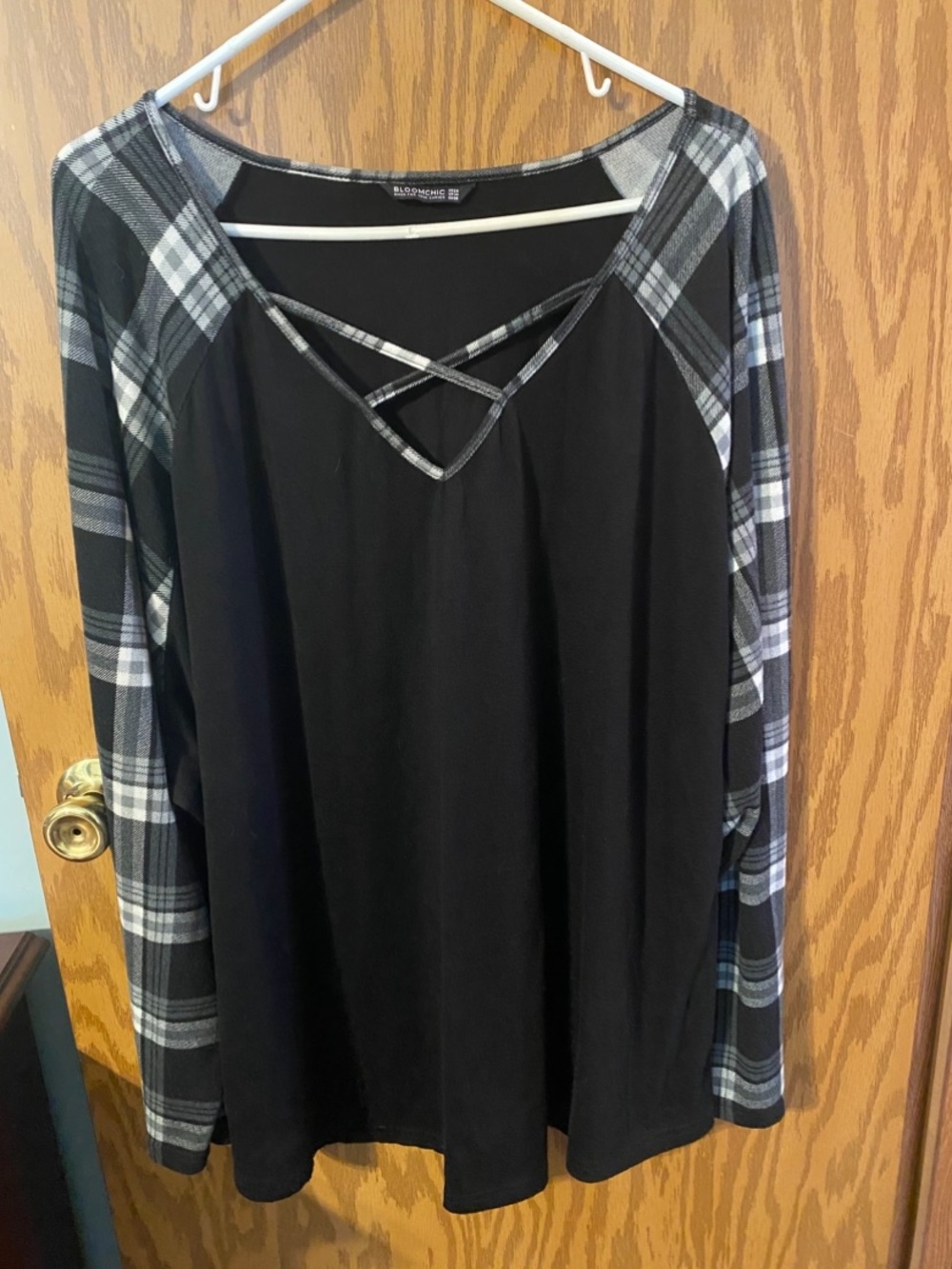 BloomChic Black Long-Sleeve Top with Gray Plaid Sleeves